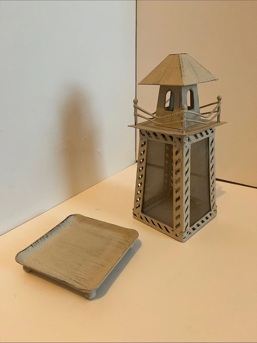 Distressed White Lighthouse-Style Decorative Candle Holder
